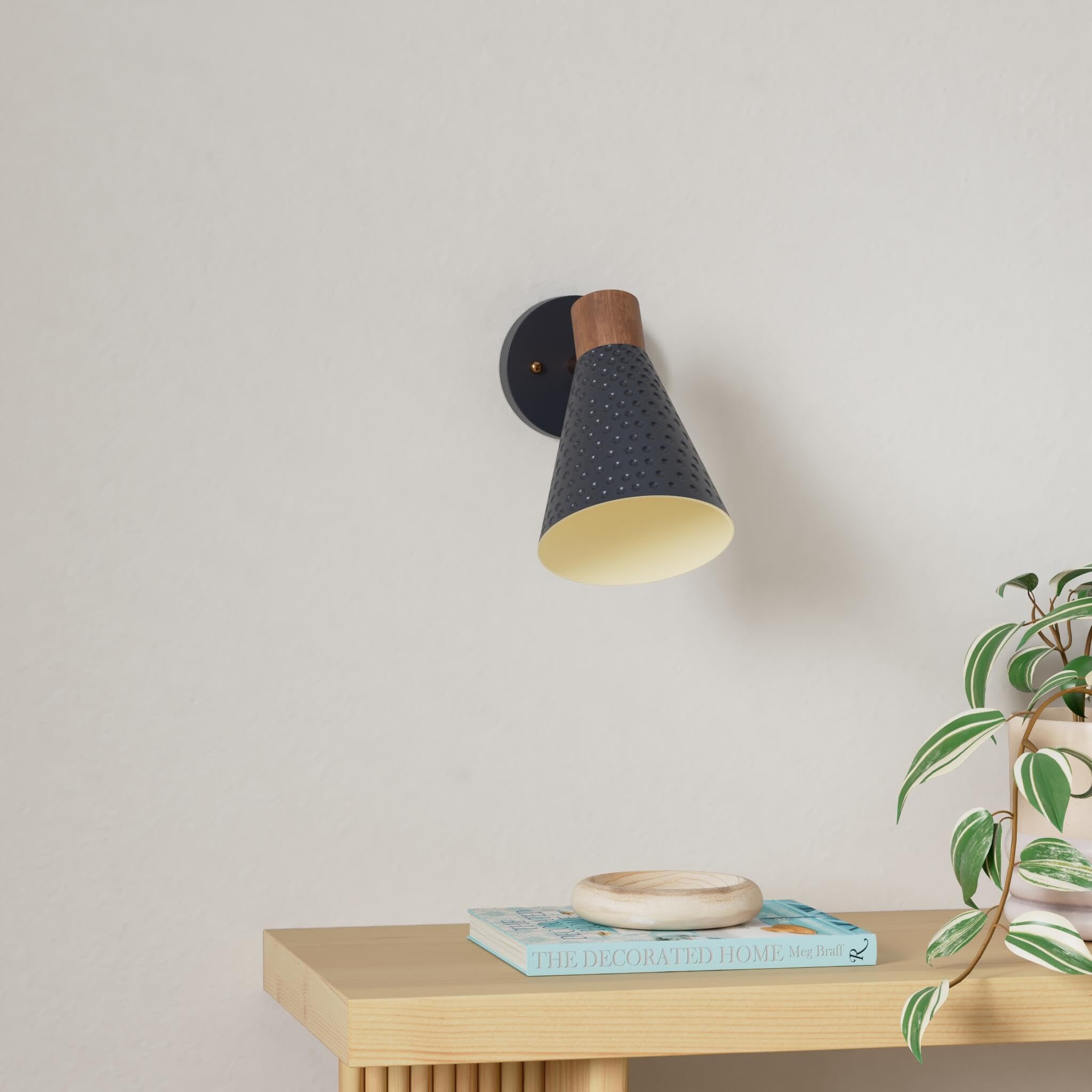 Black Plug In Wall Sconces Set Of 2, Modern Wall Light With Plug In Cord, Wooden Plug In Wall Lamps With Hammered Metal Shade, Corded Wall Sconce Light Plug In For Bedroom, Living Room, Hallway