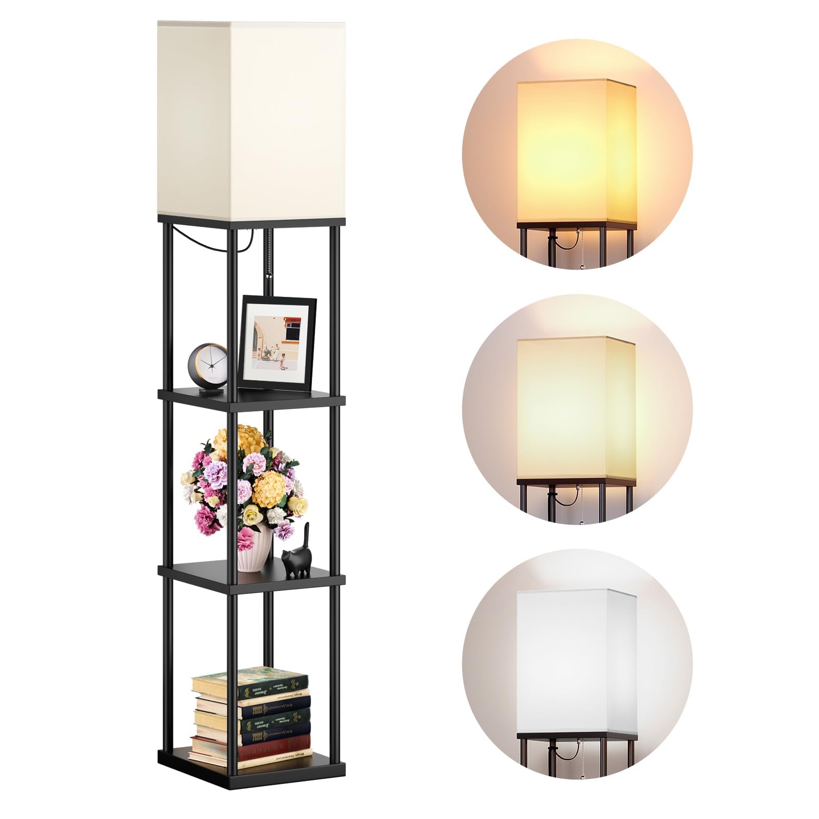 addlon Floor Lamp with Shelves, 64in H Black Wood Modern Design, 3CCT LED Bulb