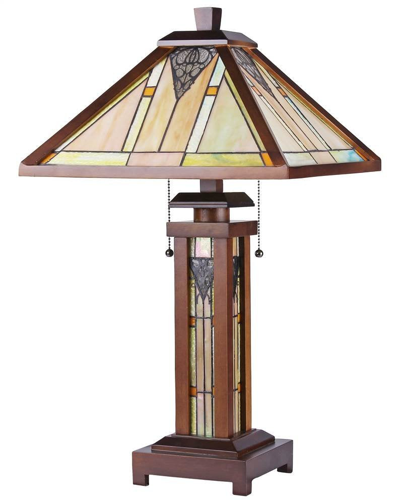 Chloe Lighting Zella Tiffany-Style Mission 3 Light Double Lit Wooden Table Lamp 15&quot; Shade