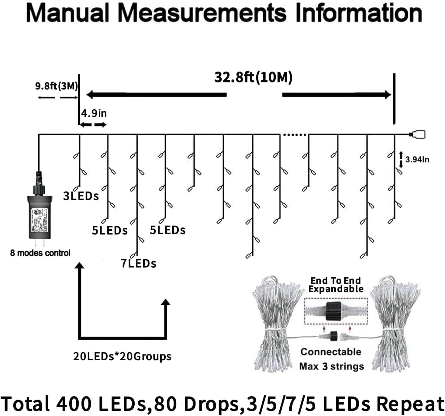 YEGUO 33ft Icicle String Lights - 400 LED Red and Green Waterproof, 8 Modes with Memory Timer