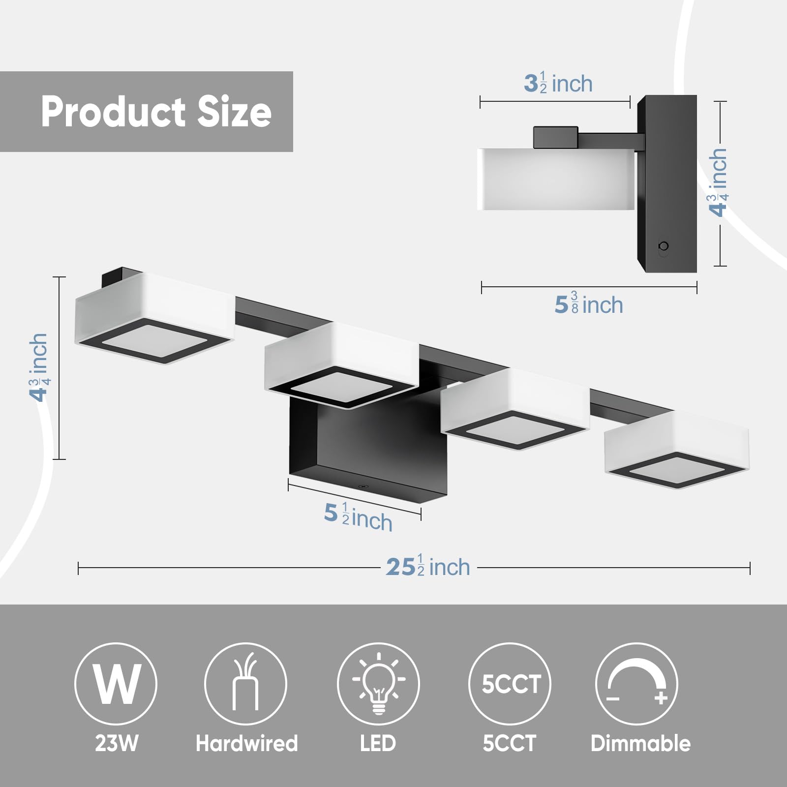 MYTH REALM 4-Light Dimmable Bathroom Vanity Light Fixture, Matte Black, 25.5 Inch, ETL Certified, Adjustable 2700K-6500K