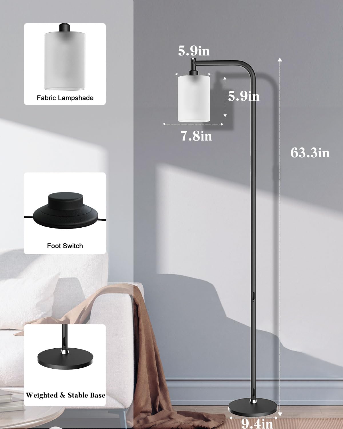 Lightdot Industrial Floor Lamp, 63IN Black Modern Design, Clear Glass Shade, E26 Base for Living Room, Bedroom, Home Office