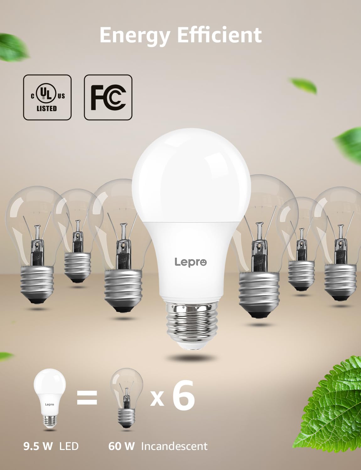 Lepro Dimmable Led Light Bulbs 60 Watt Equivalent, 9.5W 800Lm Daylight White 5000K, A19 E26 Standard Medium Base, Ul Fcc Listed,