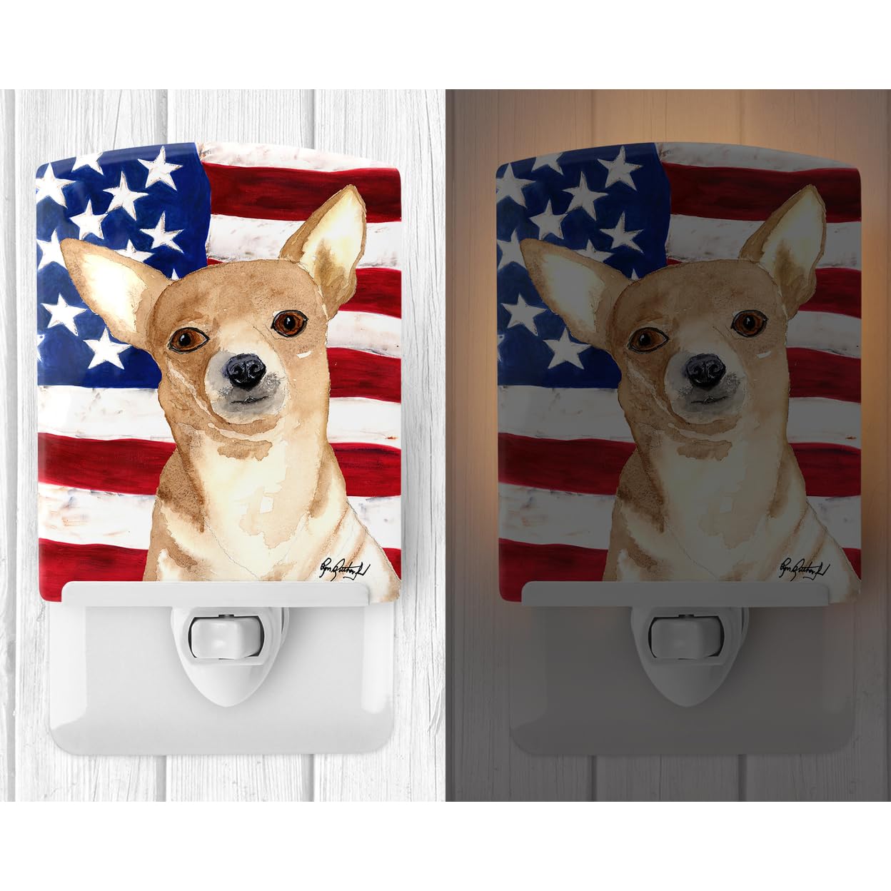 Carolines Treasures Ceramic Night Light, USA American Flag with Chihuahua, 6x4x3in, Model RDR3009CNL, Multicolor