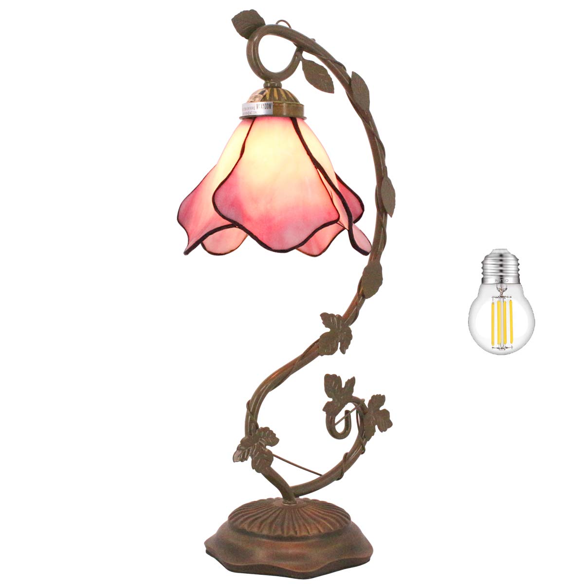 WERFACTORY Tiffany Table Lamp, Glass, Pink Flower S701 Series, 8x10x21 Inches, Metal Leaf Design, Ideal for Small Spaces