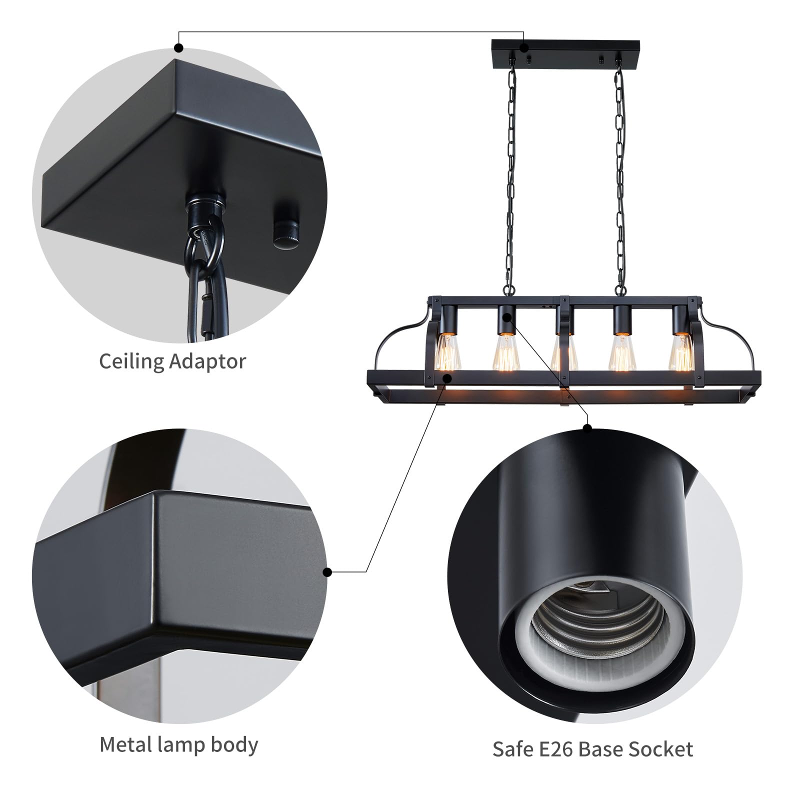 WUZUPS 5-Light Metal Chandelier Linear Pendant Ceiling Lighting Rustic Farmhouse Fixture Kitchen Island Dining Room, H 8.5 L 31.