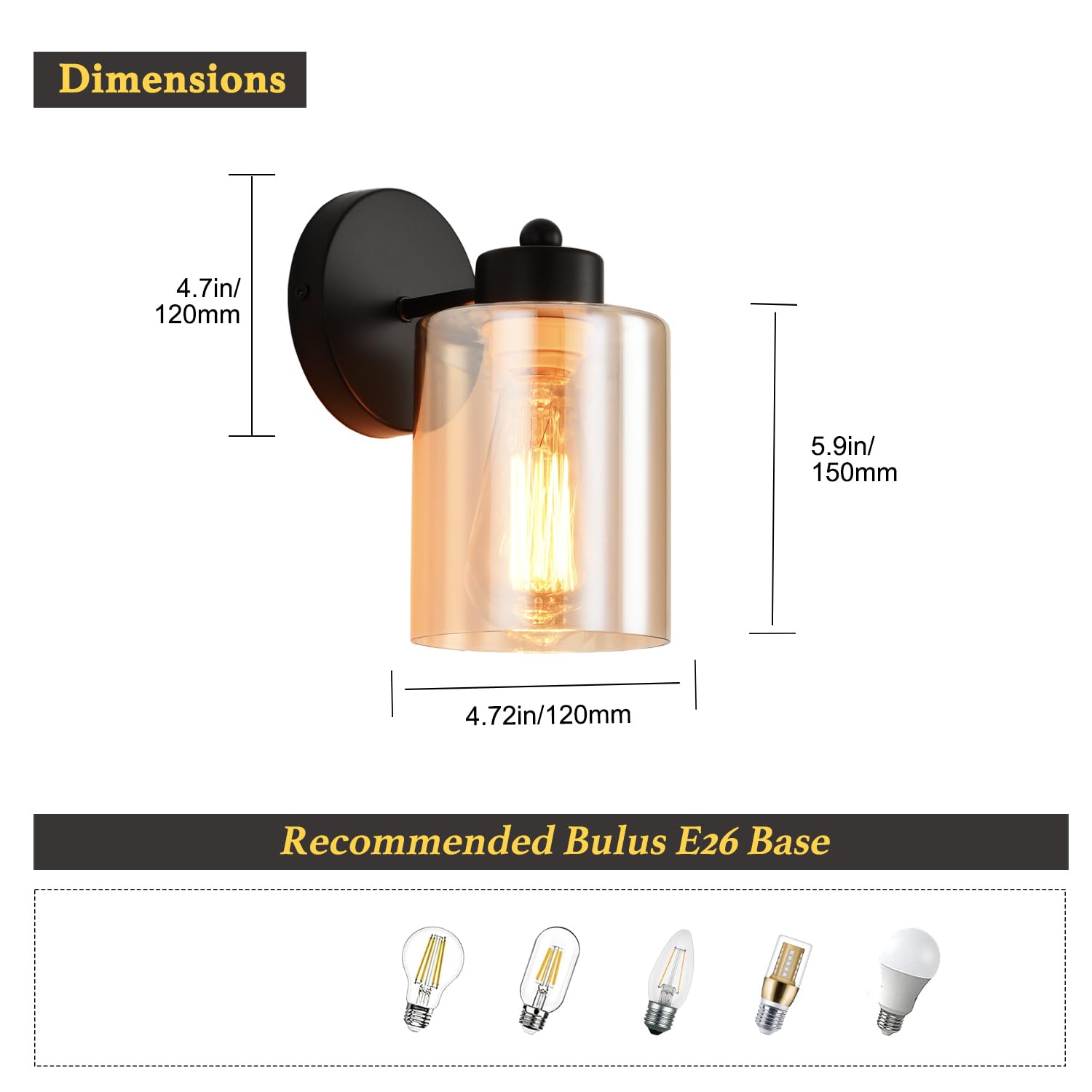 KENMI Metal Wall Sconce, Modern Bathroom Vanity Light, Matte Black, Clear Glass Shade, 1 Pack, Model W12W