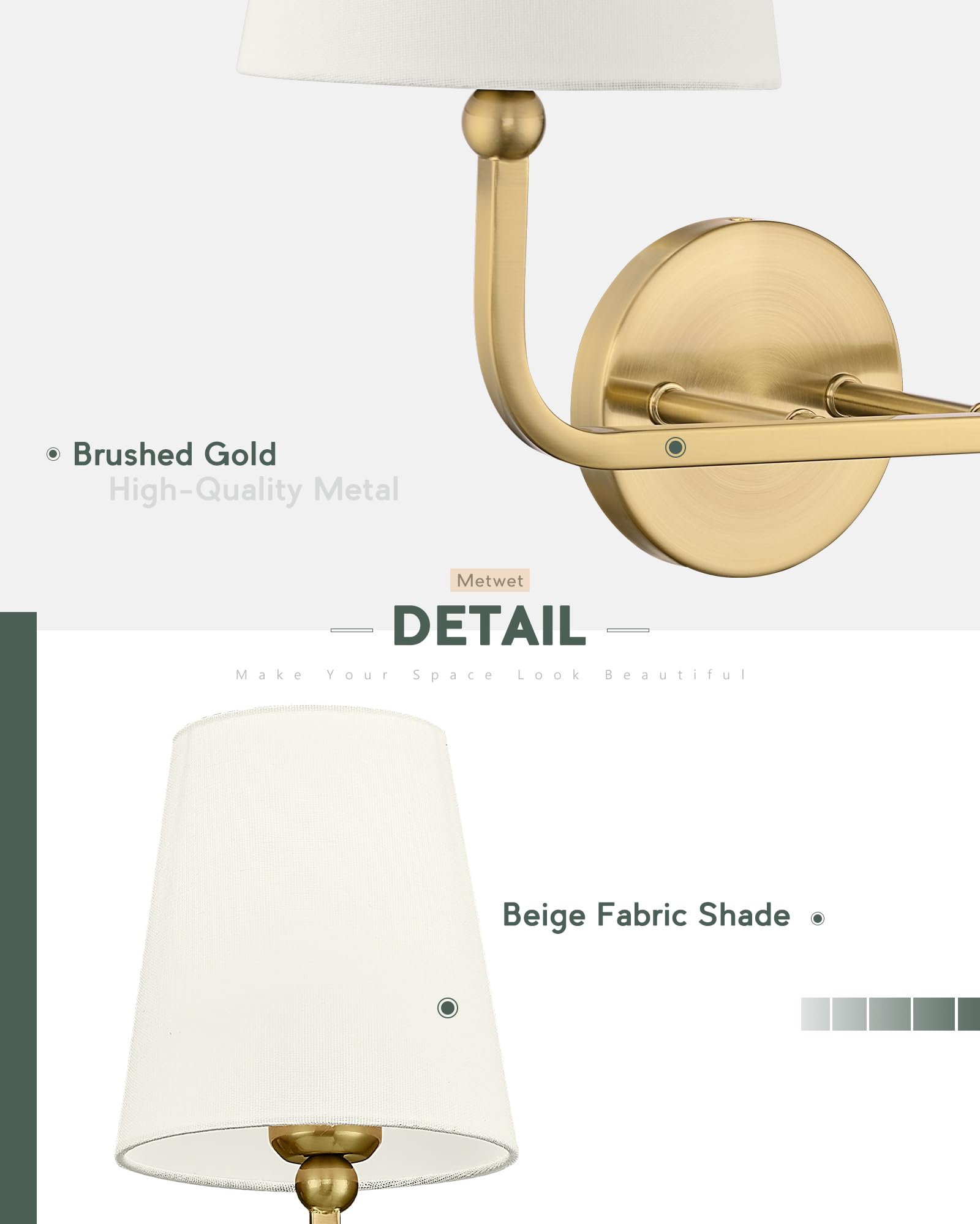 METWET 2-Light Bathroom Light Fixtures, Brushed Gold Metal Sconces with Beige Shade, Model VL837-BG-B-2