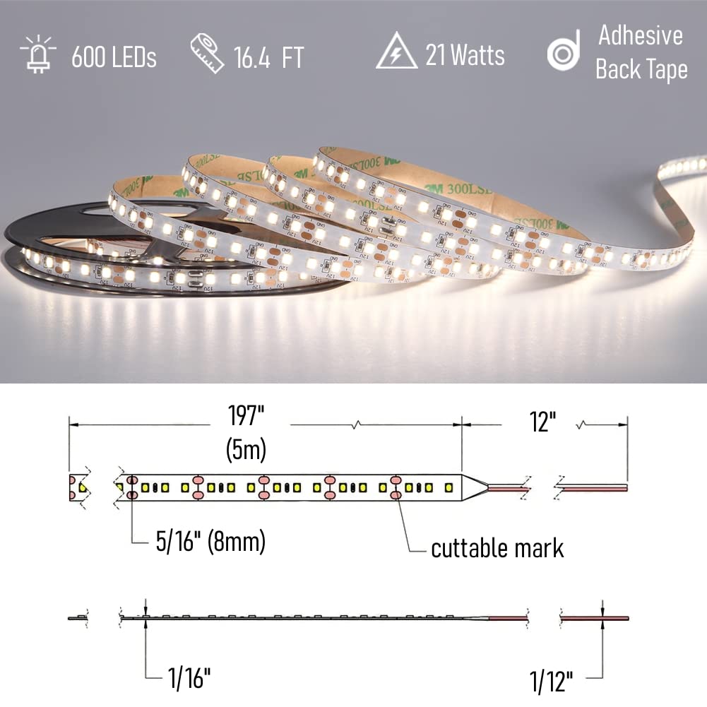 Obeaming RV Flexible LED Strip Light 16.4 ft 600 LEDs 12V Dimmable 4000K Indoor Lighting Model LS8-120-S