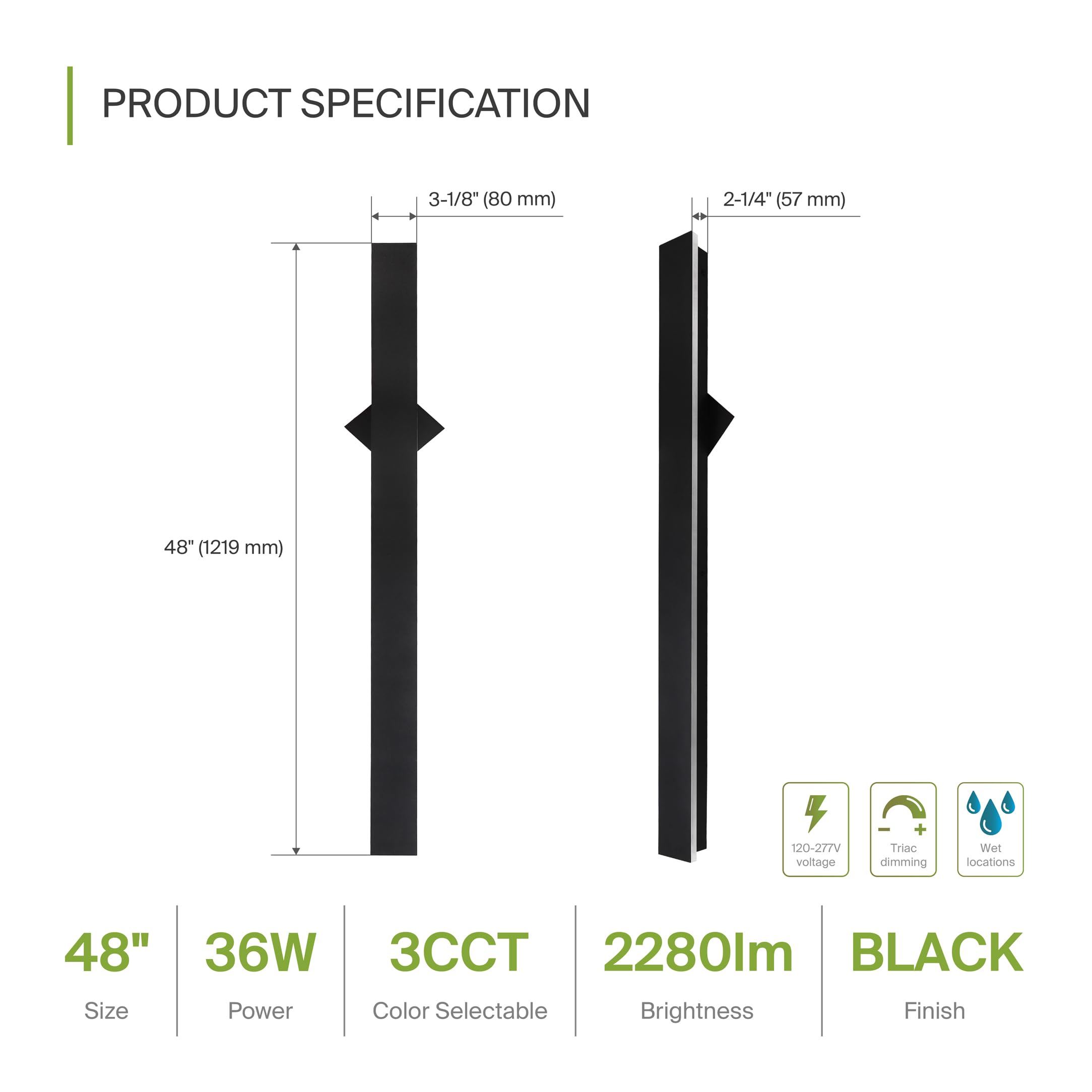 ASD LED Wall Light Fixture 36W 2200LM 3000K-5000K 48 Inch Black Model A-LWS27B-48D36BK
