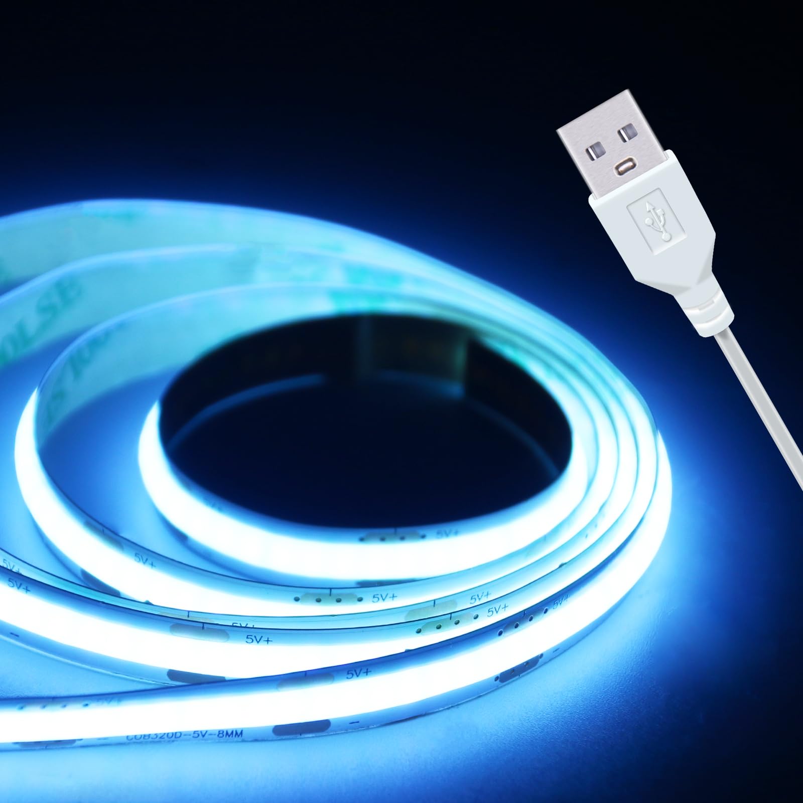 UVTaoYuan ICE Blue LED Band Lights 320 LEDs High Brightness Indoor Use Short LED Band Light Narrow USB Thin Flexible 5V COB Rope Light for DIY Display Cabinet Back Light TV Lights (3.28FT/1M)