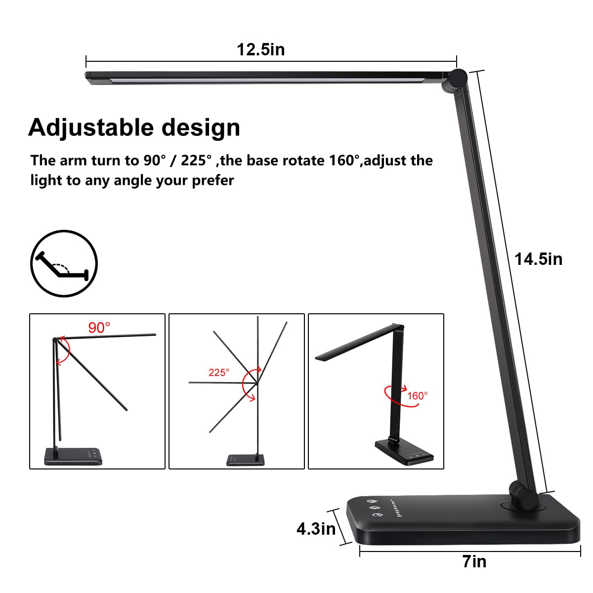 White Crown LED Desk Lamp, Dimmable, 5 Lighting Modes, USB Charging, First-Generation, Black, Model QM019