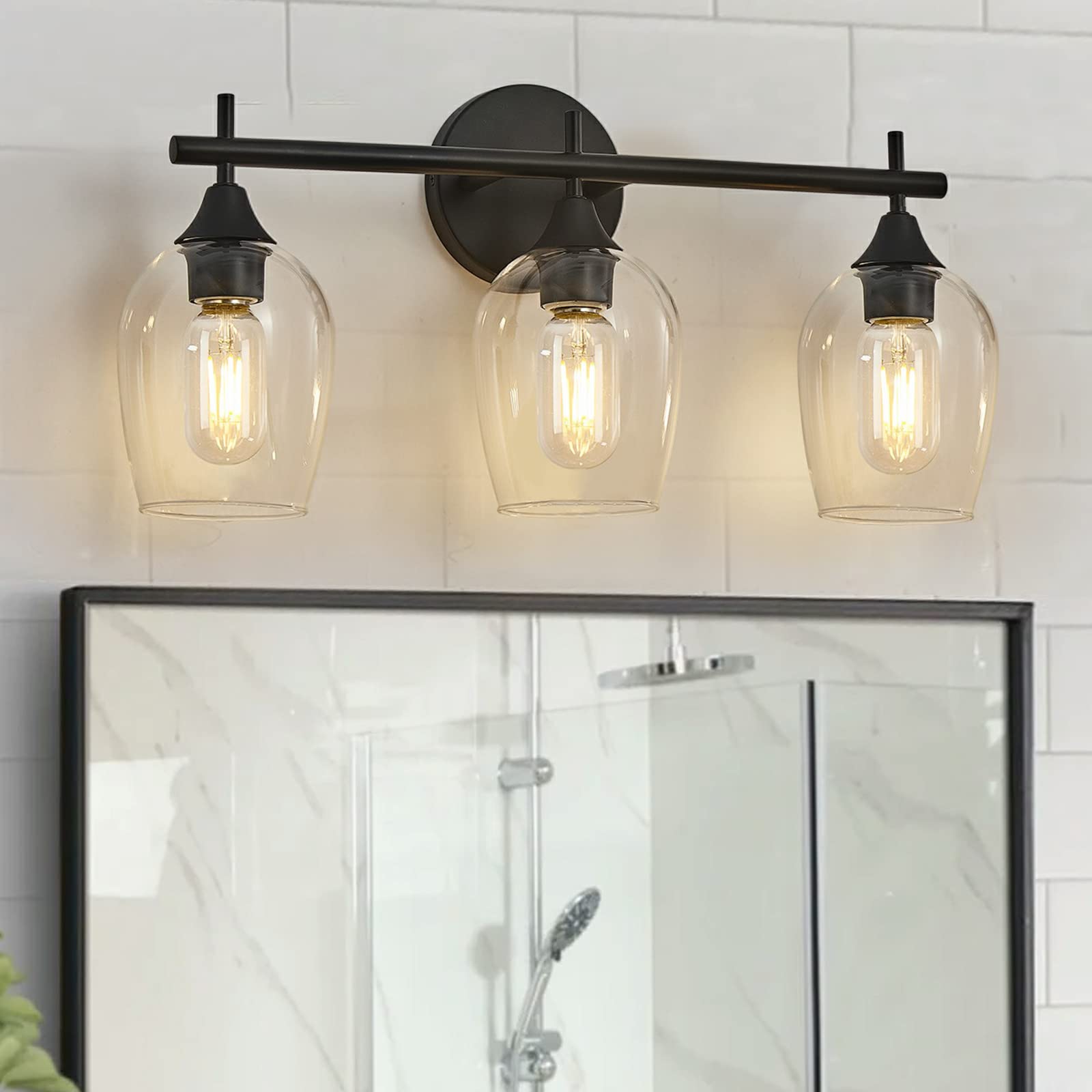 XGFOURSEVEN 3-Light Black Bathroom Lighting Fixture, Vintage Vanity Light with Clear Glass Shade,Modern Wall Lamp for Bedroom Ha