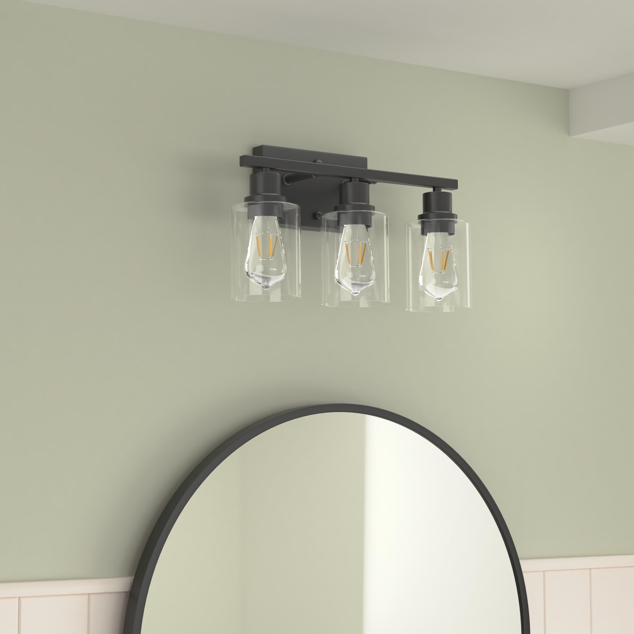 Emong 3-Lights Bathroom Light Fixtures, Matte Black Vanity Light With Glass Shade, Modern Wall Sconces Lighting For Bathroom,Mir