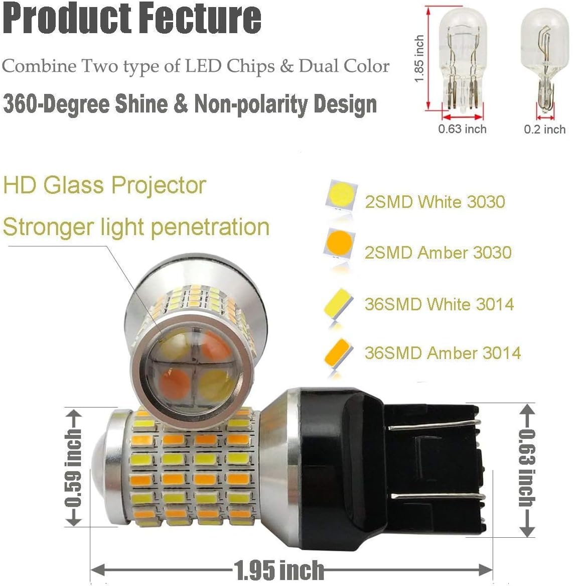 iBrightstar 7443 Switchback LED Bulbs, Super Bright Projector for DRL & Turn Signal, Aluminum, White/Amber