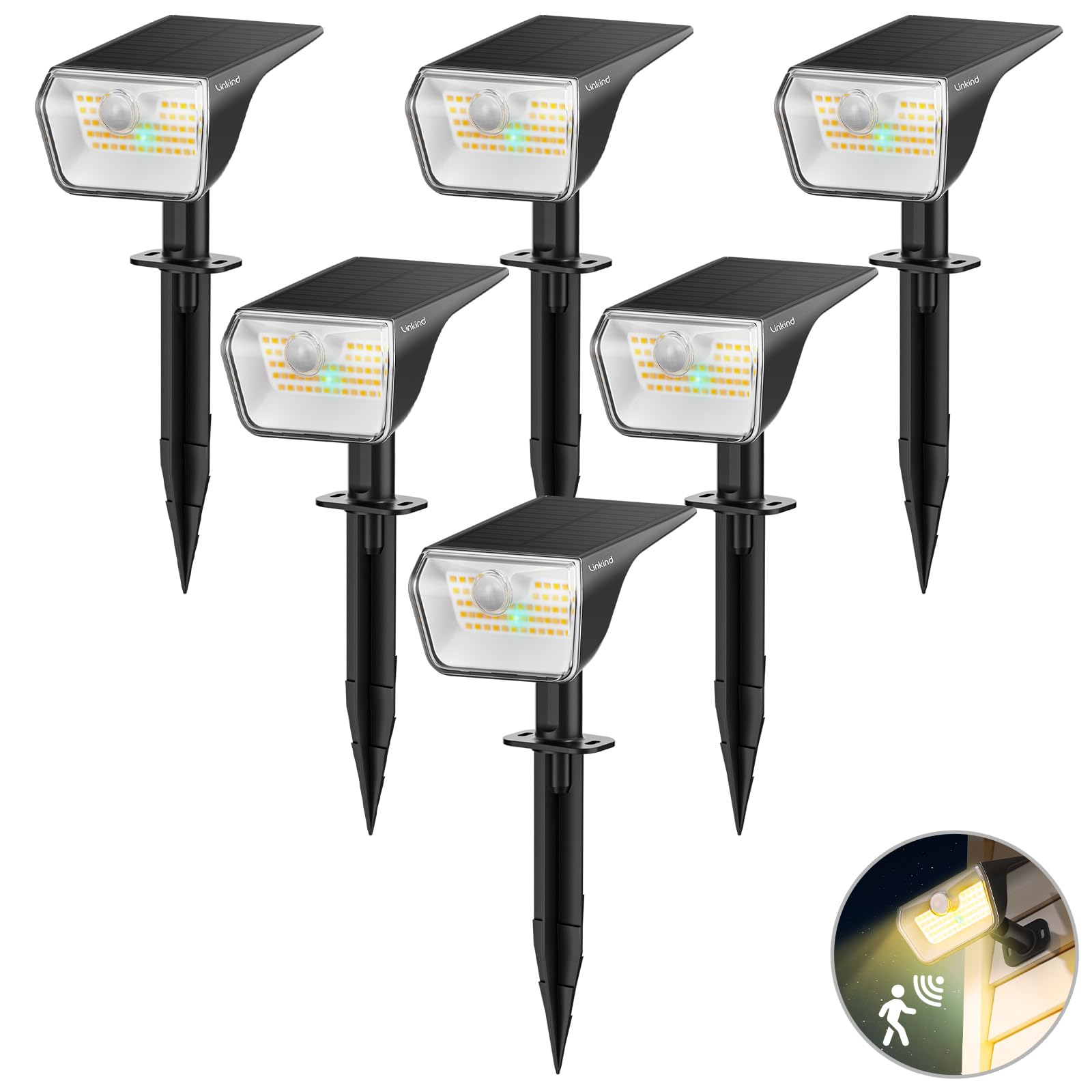 Linkind Solar Lights Outdoor Waterproof IP67, 3000K/6500K Solar Motion Sensor Lights with 6 Modes, 60 LEDs Solar Powered Spot Li