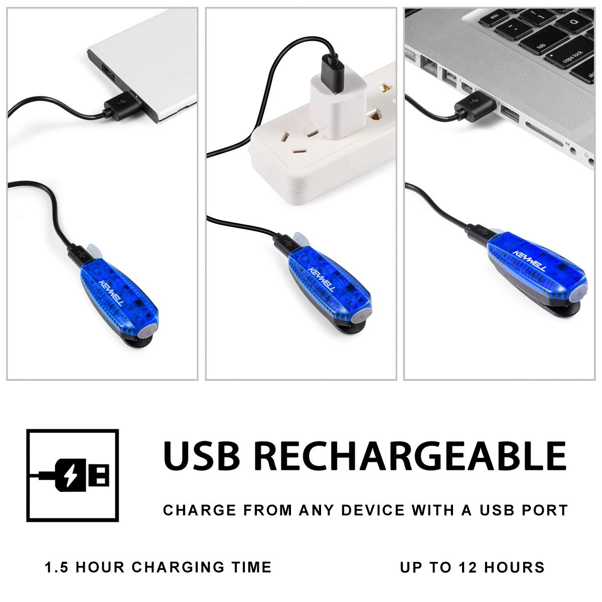 KEYWELL USB Rechargeable LED Safety Lights - Clip-On Strobe for Runners, Blue, Model KT-13, High Visibility 2 Pack