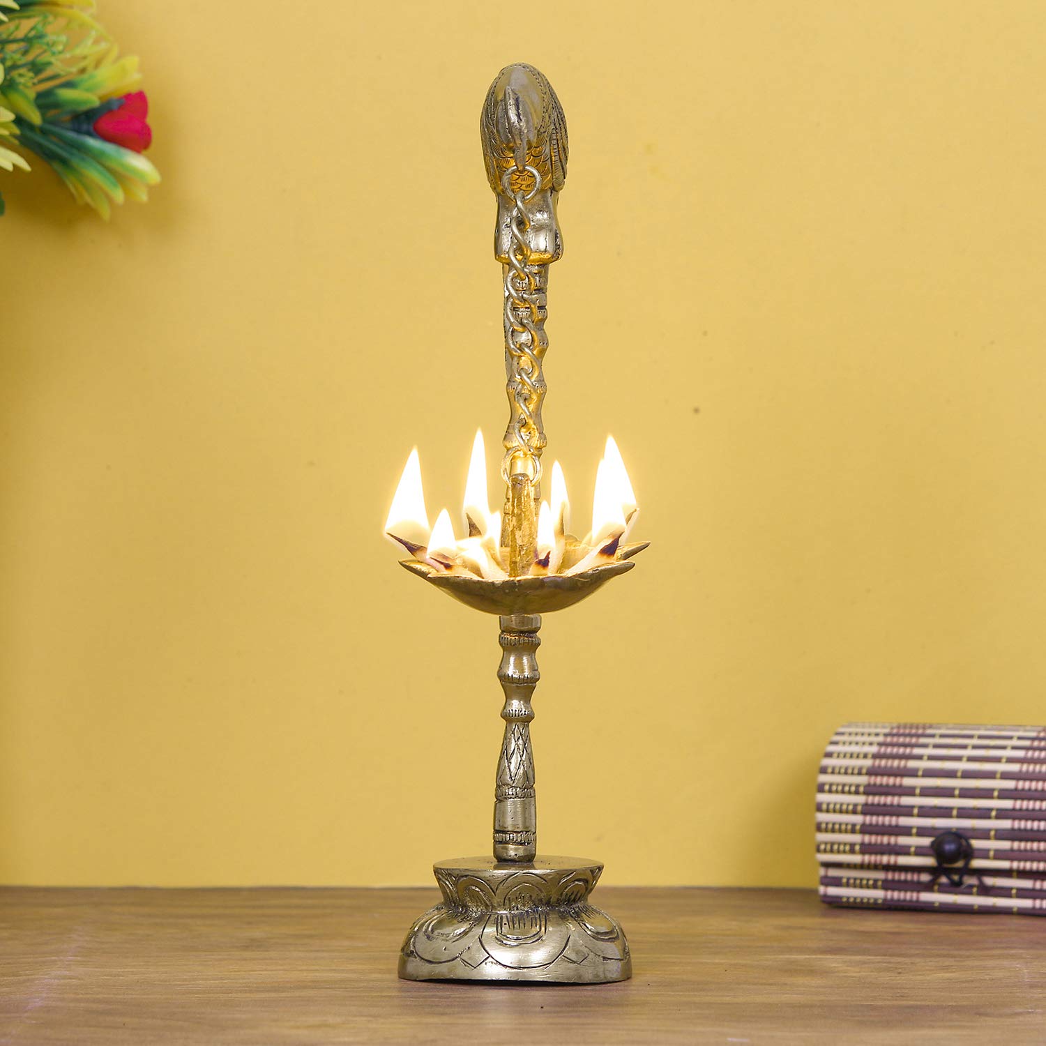 eCraftIndia Decorative Handcrafted Brass Bird Wall Hanging with Diya for 7 Wicks