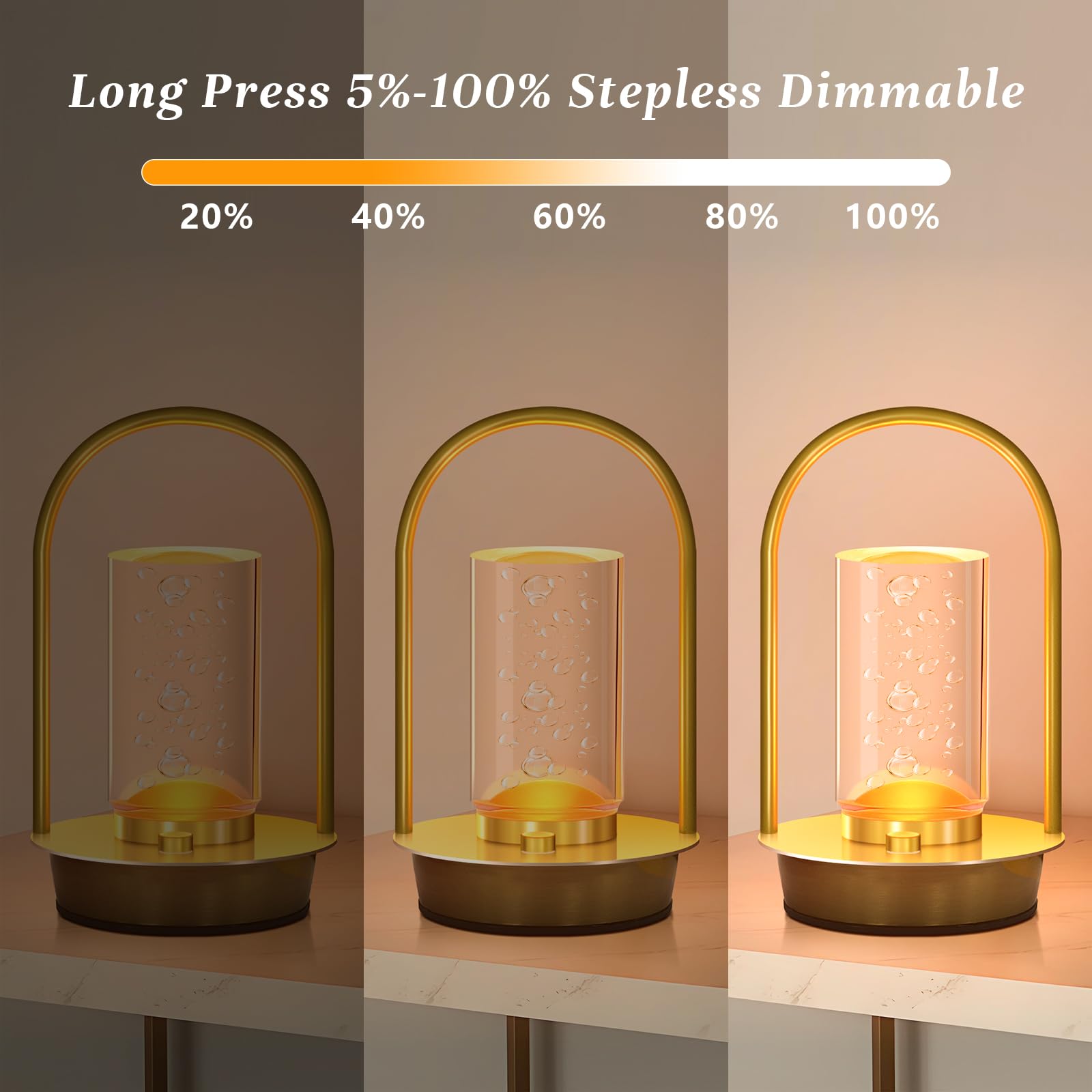 AOTEAM Portable Cordless Table Lamp - Dimmable Touch, Small Aluminum, Gold with Bubble, Model A-1, Rechargeable Battery for Indoor/Outdoor Use