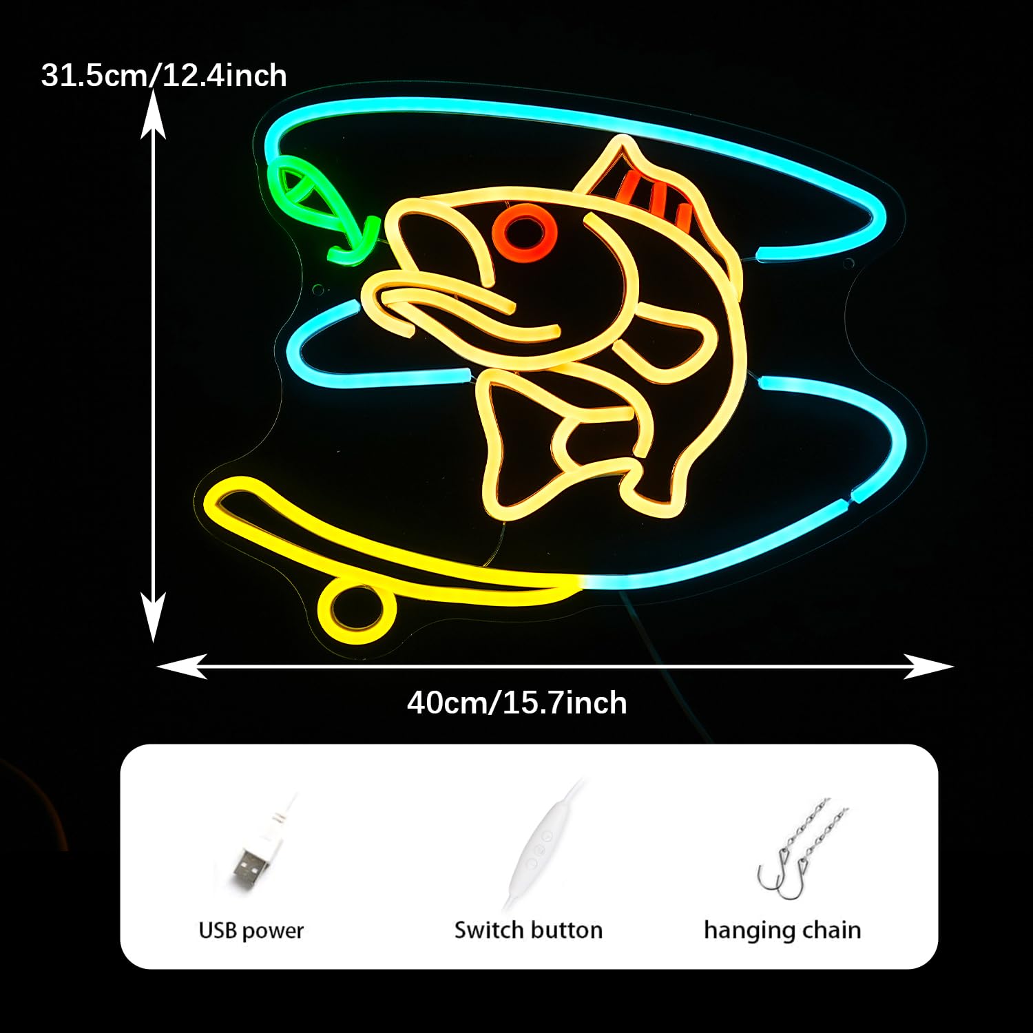 GNVETZLL Fishing Neon Sign LED Dimmable Wall Decor 15.7inx12.4in Acrylic Multicolor