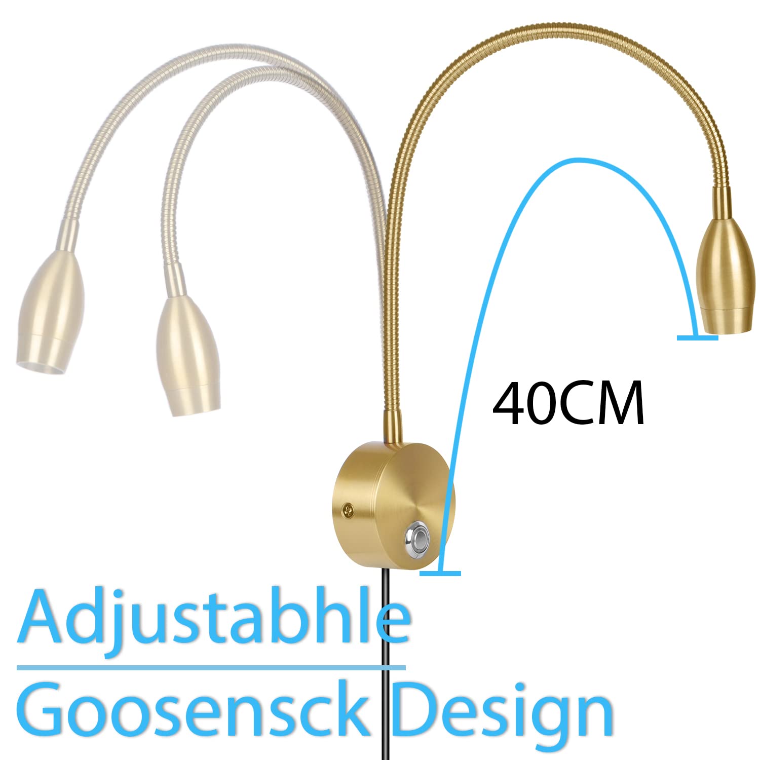 Adust Bedside Reading Light, 3W LED Touch Dimmable, Adjustable Colour Temp, Gold (1-Pack), Brushed Nickel, Model RL-2