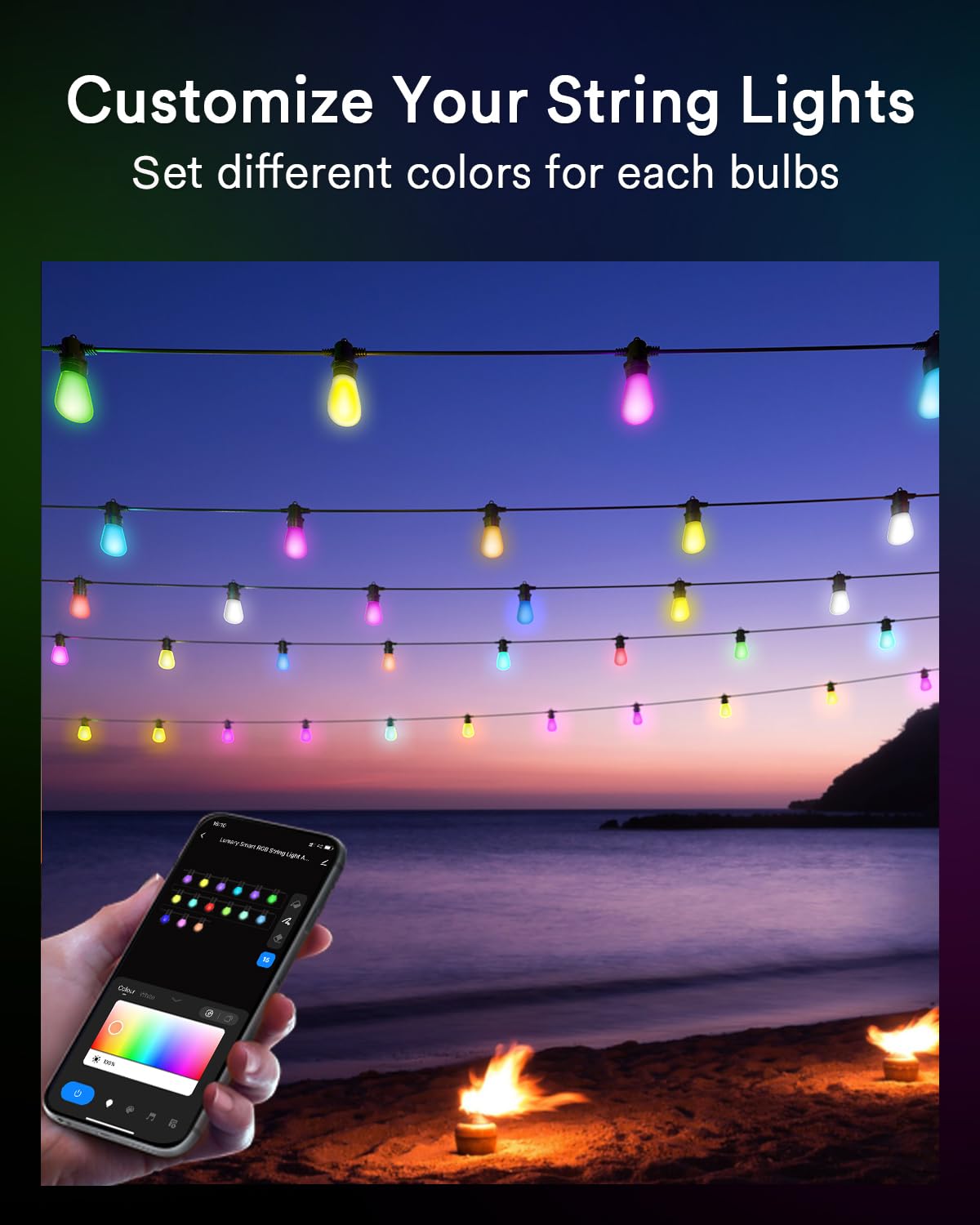 Lumary Smart Outdoor String Lights, 100FT with Remote, RGBAi Color Changing, IP65 Waterproof, Model US-SL100B-1