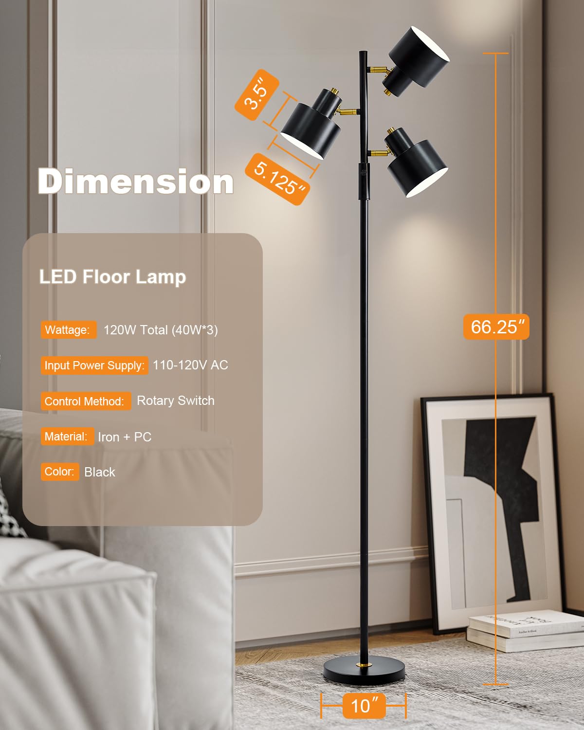 OYEARS Floor Lamp, 3-Light LED Metal Light, Modern Vintage Design, Black, Model AMZ-F475 for Living Room, Office, Bedroom