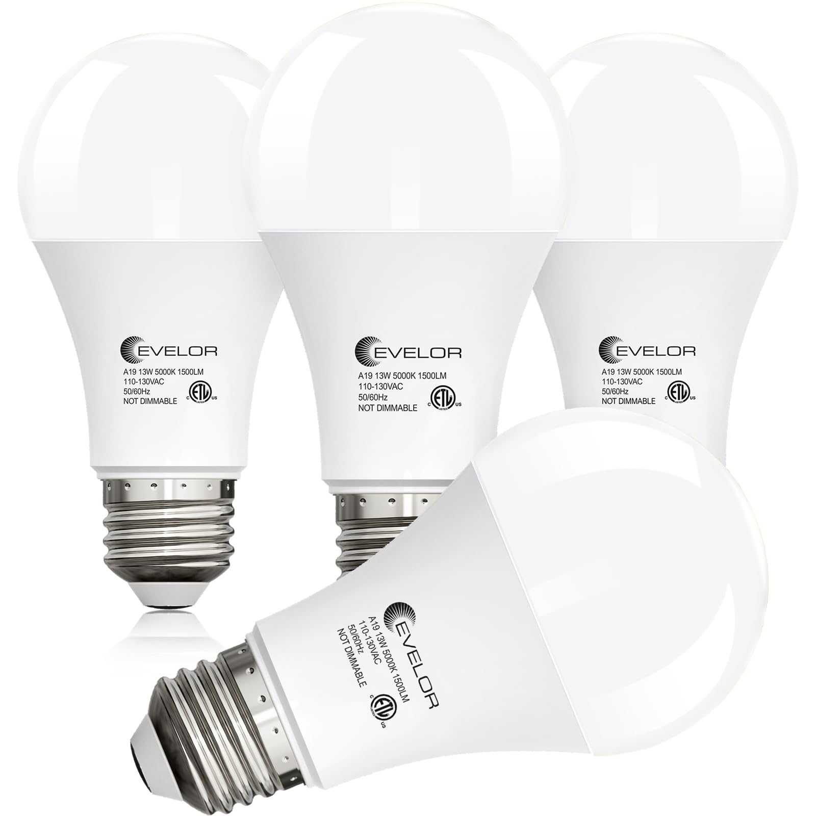 evelor 4-Packs A19 LED Light Bulbs,100 Watt Equivalent 5000K Daylight Bright Bulbs Efficient 13W,1500 Lumens E26 Base, Non-Dimma