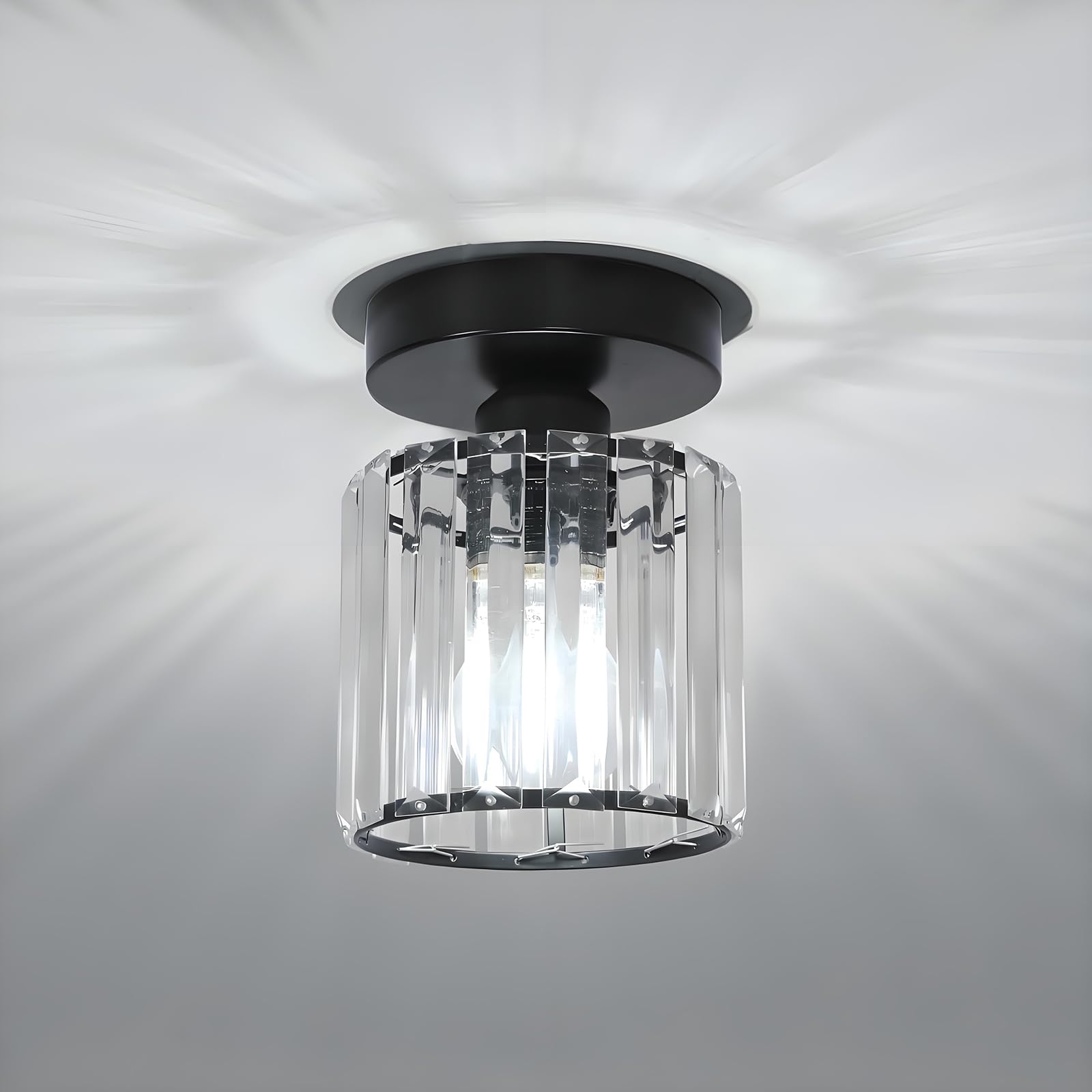 Goeco Crystal Ceiling Light Fixture, Modern Mini Semi Flush Mount Ceiling Light Fixtures, E26 Black Indoor Lighting Fixture For 