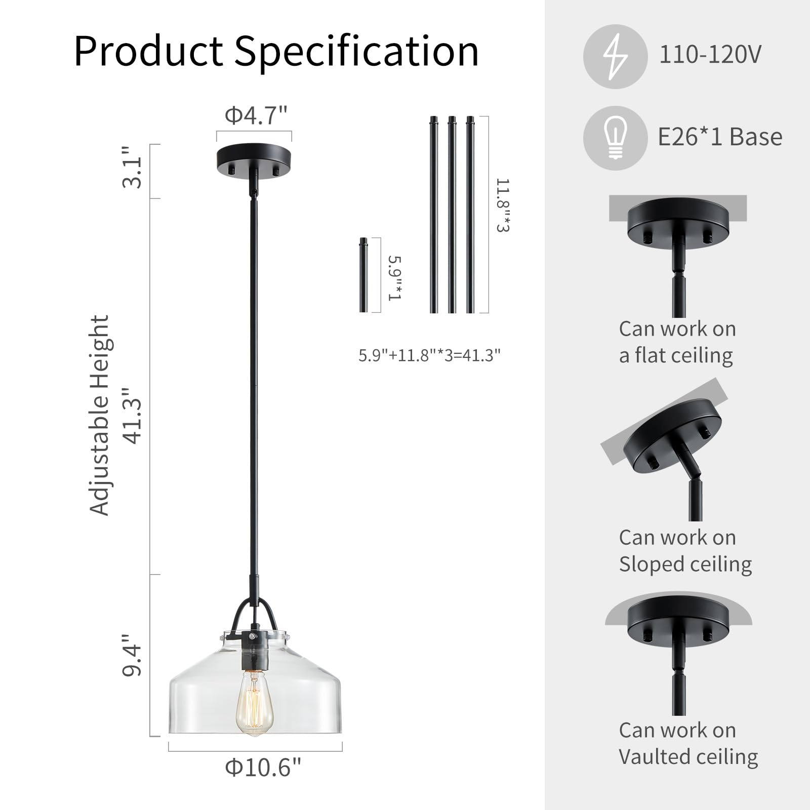 Wuzups Rustic Industrial Chandelier Pendant Light Fixture, Black Metal, 9.4H X 10.6W, E26 Base, Clear Glass Shades For Dining Room, Kitchen, Foyer