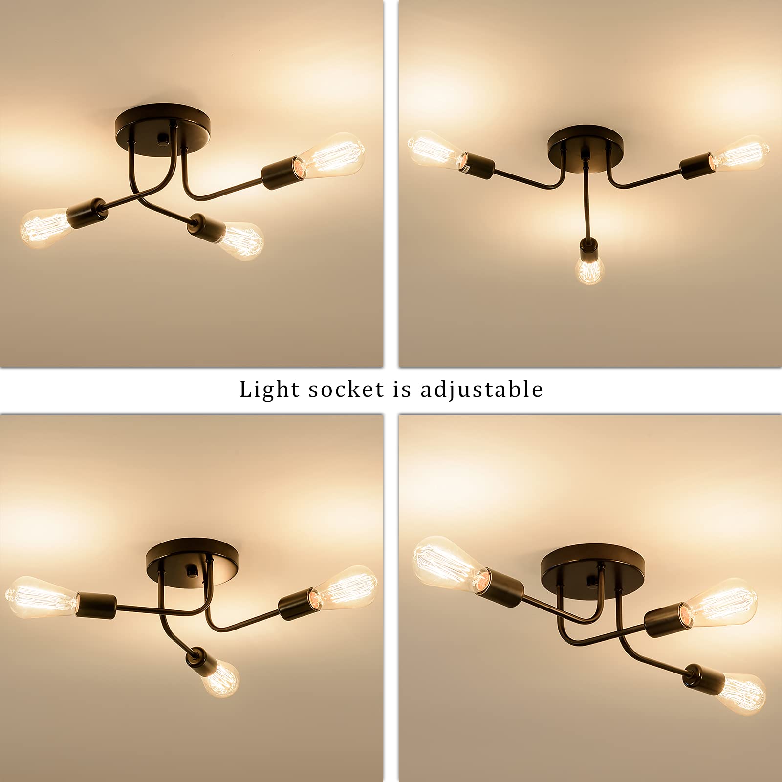 Plfann Industrial Semi Flush Mount Ceiling 3 Light With Adjustable Metal Branched Vintage Ceiling Light E26 Holder Black Painted