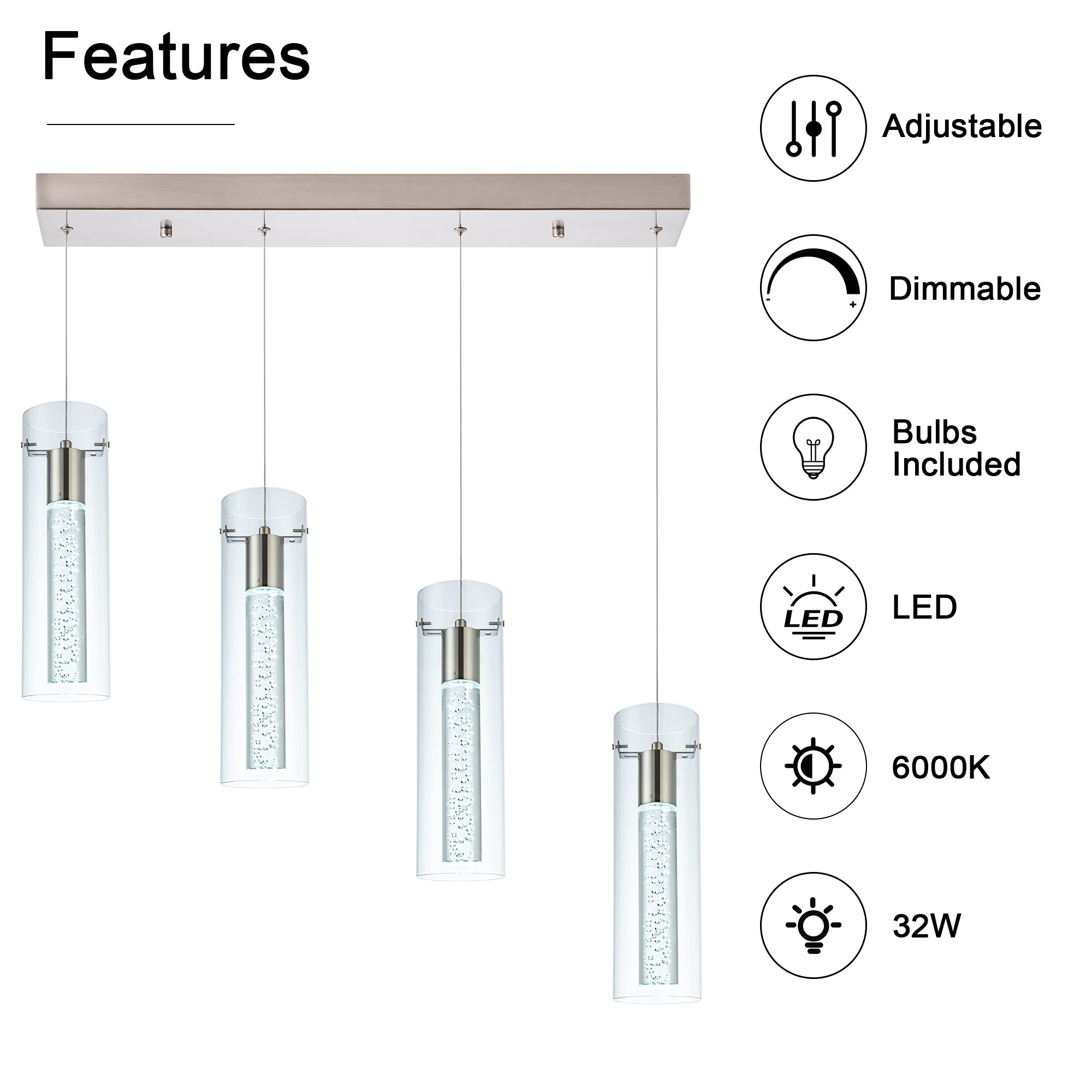 Votag Kitchen Lighting Pendant Fixtures 4-Light Led Pendant Ceiling Fixture Brushed Nickel Bubble Cylinder Pendant Light With Adjustable Length For Kitchen Island Dinning Room Bedroom