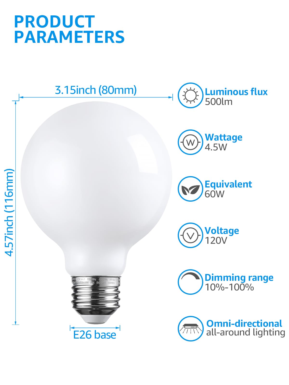 Torchstar G25 Globe Light Bulbs Led Dimmable, Round Frosted Vanity Light Bulb For Bathroom, Led Edison Bulb, 4.5W(60W Eqv.), Ul