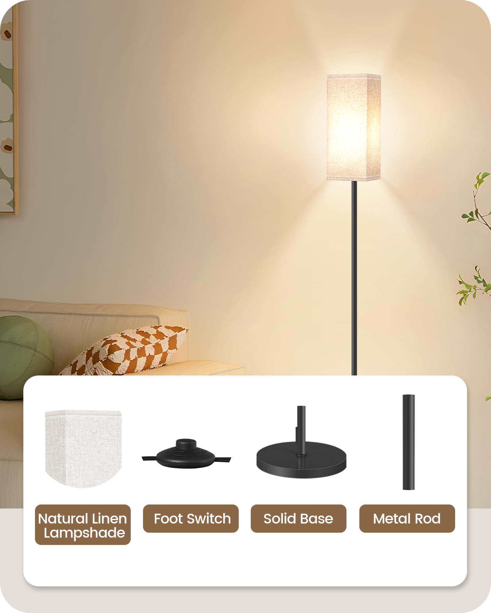 Goebleson Modern Floor Lamp With Foot Switch, Minimalist Black & Beige Design For Living Room & Office