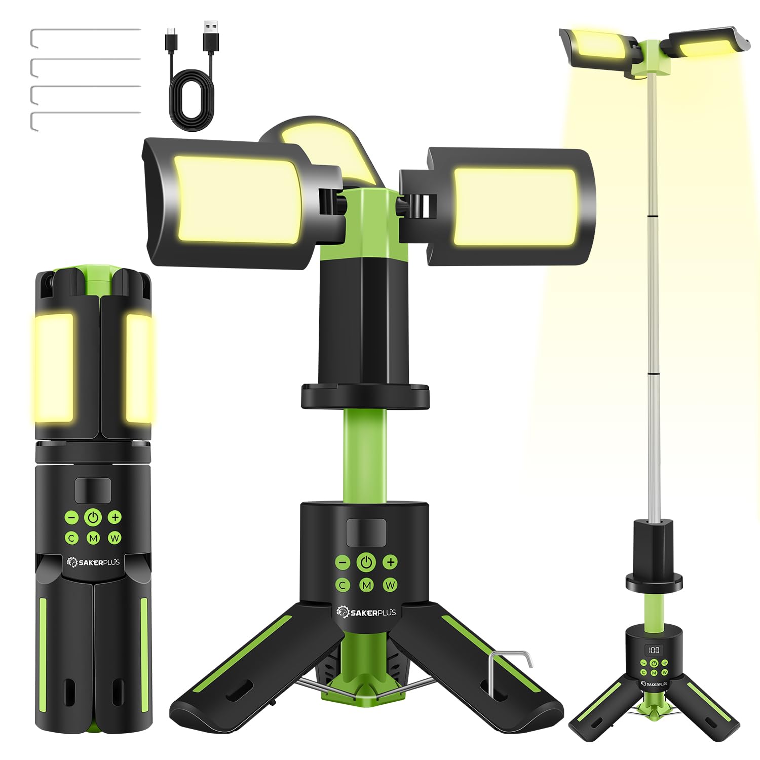 SakerPlus Portable Camping Lights, 5000LM LED Flashlight, 9 Color Modes, Green, Model EC67392, Rechargeable with Magnetic Base