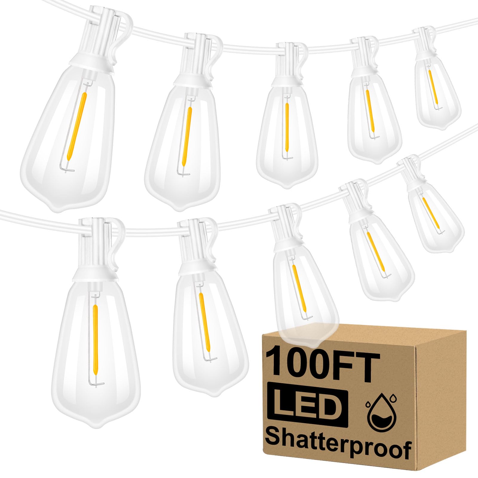Brightever LED Outdoor String Lights,100FT Patio Lights with 52 Shatterproof ST38 Vintage Edison Bulbs 2700K Dimmable, Outside H