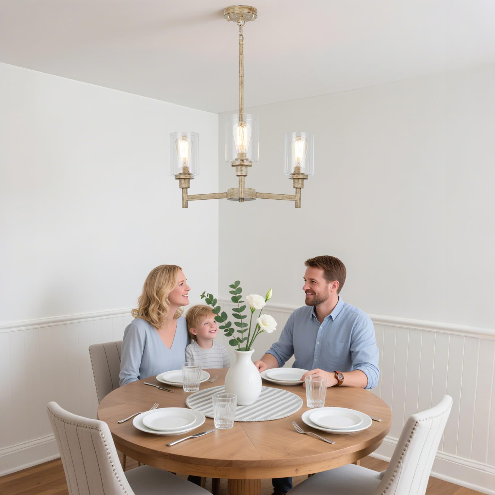 3 Light Farmhouse Chandelier | Rustic Chandeliers For Dining Room Light Fixtures |   Wood Hanging Lighting With Clear Glass Cover For Kitchen Island | Entryway | Bathroom | Corridor | Hallway