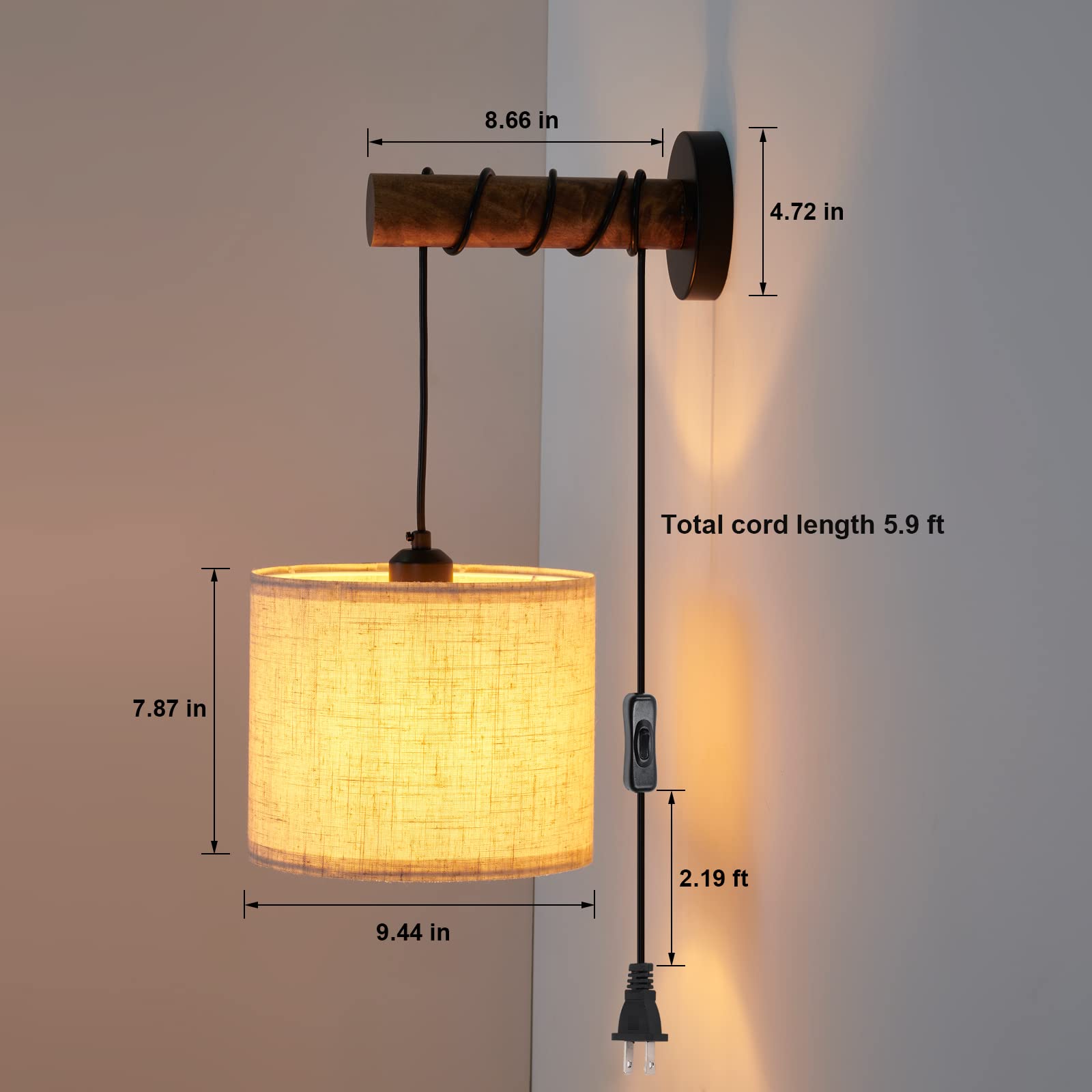 XSDeTu Wall Sconces Set of Two, Rustic Plug-In Lamps with Wood Arm & Fabric Shade, White, Perfect for Bedroom & Living Room