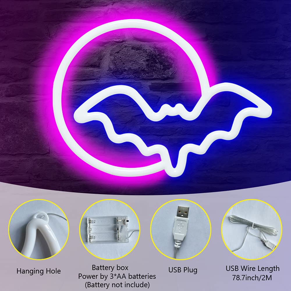 Semetor Moon & Bat Led Neon Sign - Pink & Blue Usb/Battery Powered Wall Decor For Kids, Parties, Events