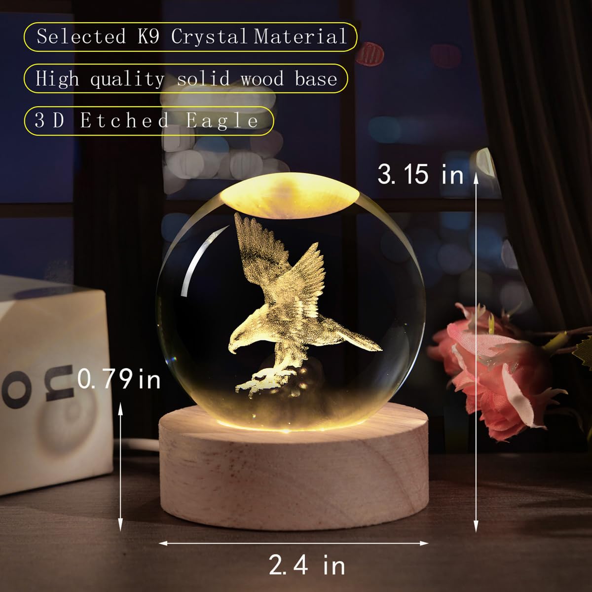 QIANCHANG 3D Eagle Crystal Ball Night Light, Laser Etched Glass Eagle Figurine, 2.4 in, Crystal