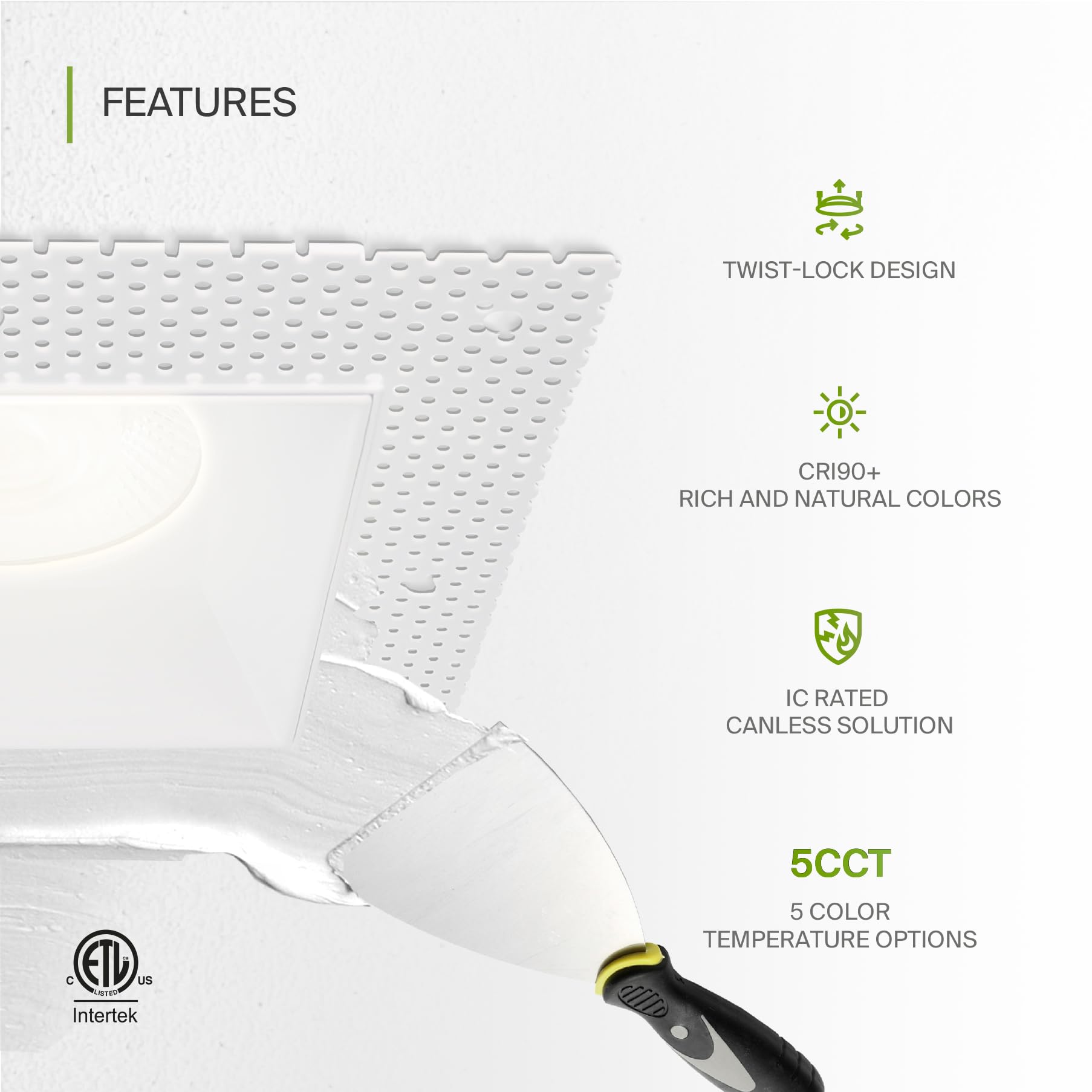 ASD LED Recessed Lighting Downlight, 6in 24W, Square, Dimmable, 5 CCT 2700K-5000K, CRI 90+,