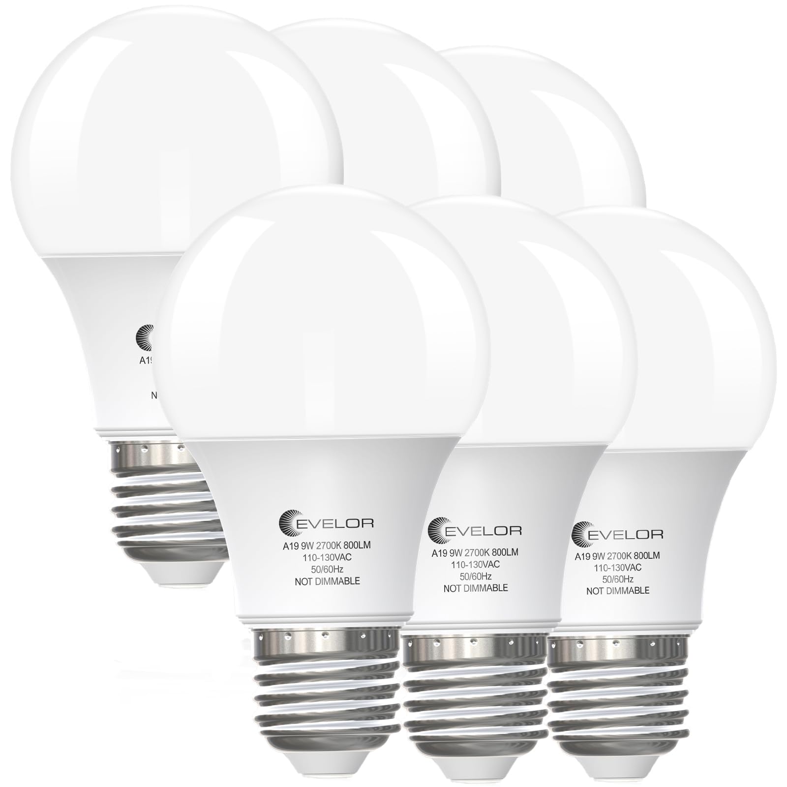 evelor A19 LED Light Bulbs 6-Pack, 60W Equivalent, 9W, 800 Lumens, Soft White 2700K, E26 Base, Non-Dimm