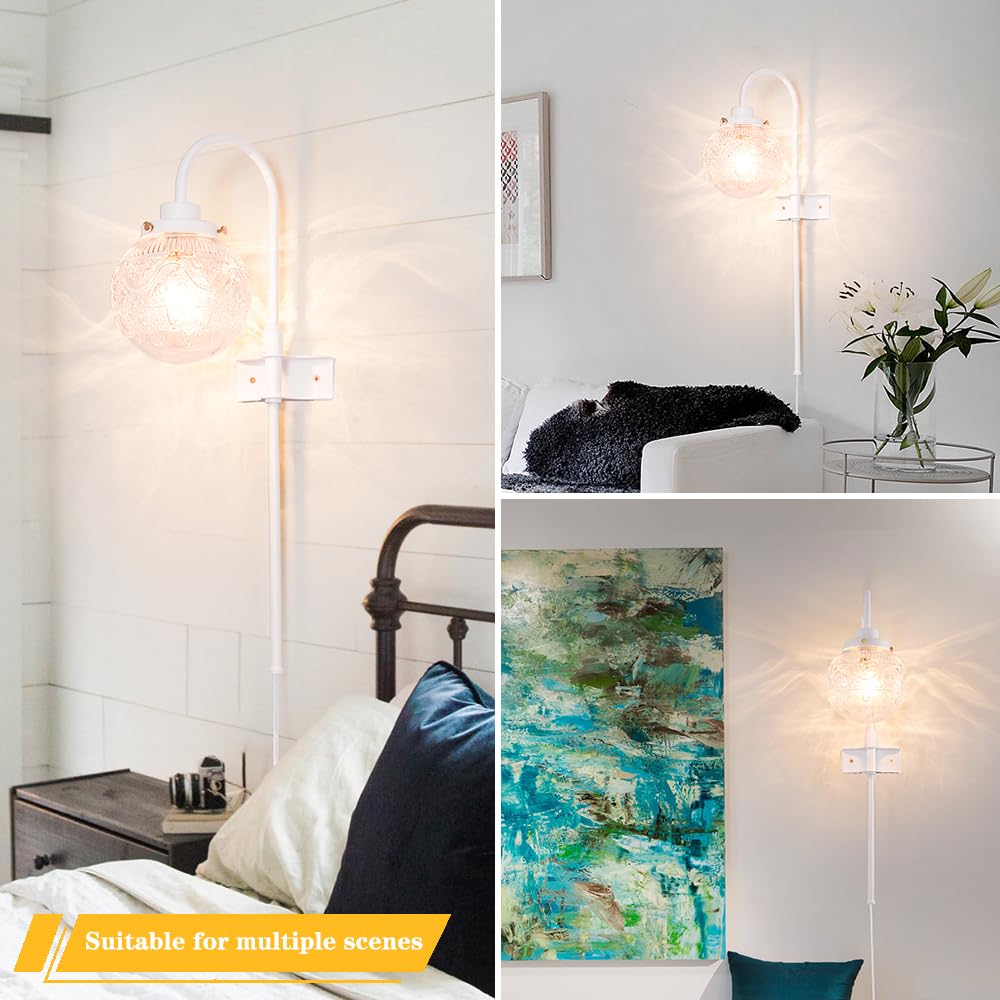 Daunton Vintage Plug in Wall Sconces Set of 2, White Metal with Globe Glass, Adjustable Bedside Light, Model 250109