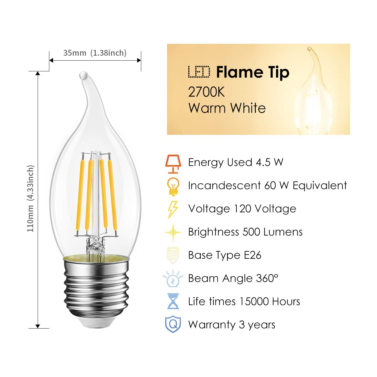 Lvwit Flame Tip Led Filament Bulb Candelabra E26 Base Dimmable 4.5W (60W Equivalent) B11 Chandelier Candle Light Bulb
