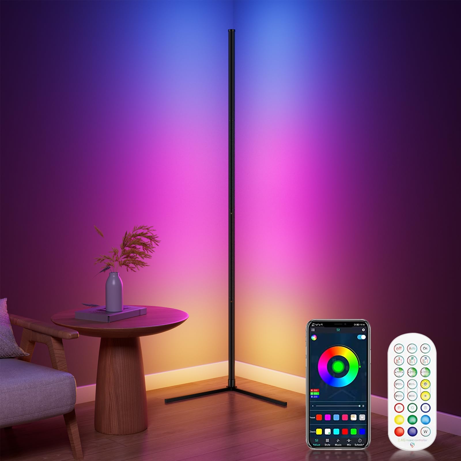 WISIMMALL RGB Corner Floor Lamp, Bluetooth Control, Music Sync, 64.5in Plastic, 398 Dimmable Modes, Color Changing