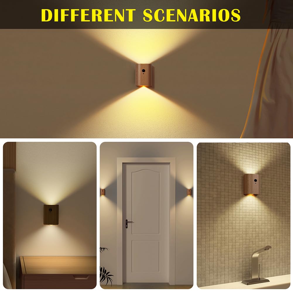 Landgoo Wooden Led Step Lights Wall Lamp  2700-3000K Motion Sensor Night Lights  Rechargeable Stair Lights For Hallway Indoor Lighting(White Ash Wood 2Pcs)