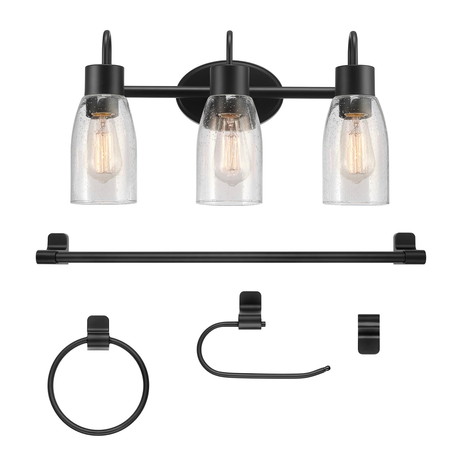 Globe Electric 63000205 5-Piece All-In-One Bathroom Accessory Set With 19'' 3-Light Vanity Light, Matte Black, Seeded Glass Shad