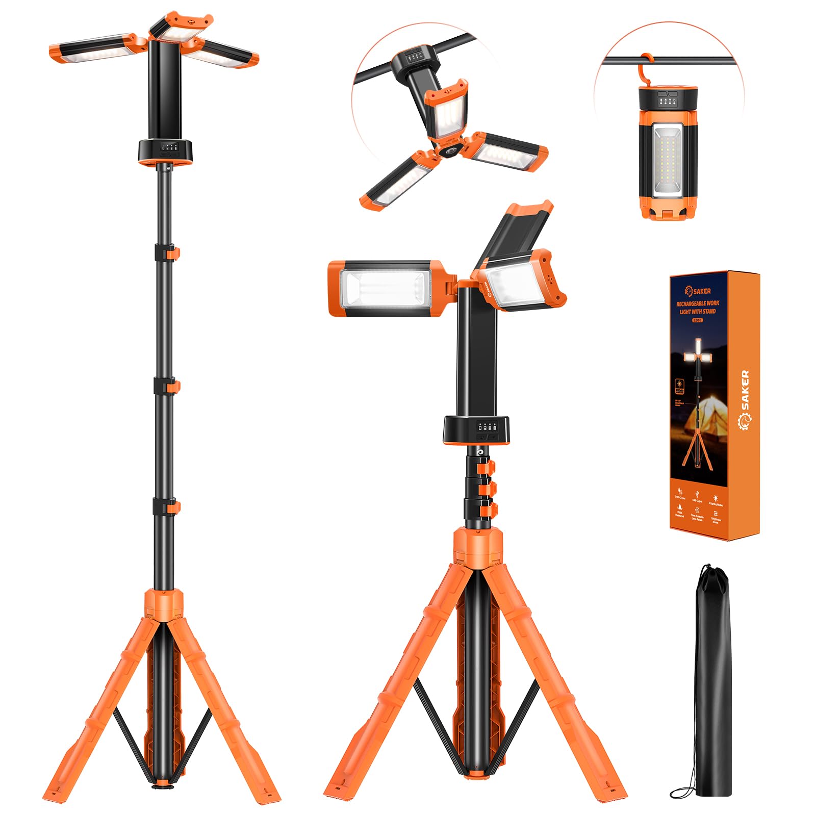 Saker Portable Camping Light LD18, 800/3200 Lumen, 20000mAh Rechargeable, Orange, 73inch Stand, Ideal for Outdoor Work and Emergencies