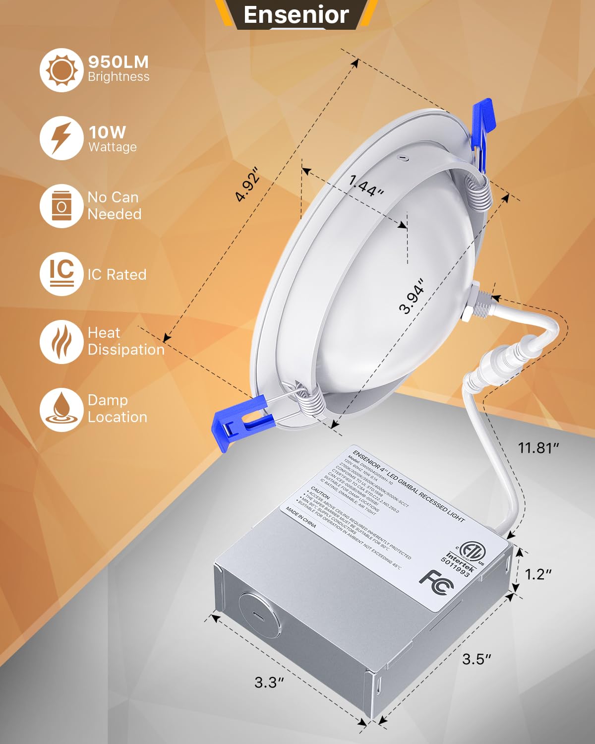 Ensenior 12 Pack 4 Inch 5Cct Led Gimbal Led Recessed Light With Junction Box, 360°+90° Adjustable Directional Eyeball Lighting, Dimmable, 2700K/3000K/3500K/4000K/5000K, 950Lm, 10W=85W-Etl&Fcc