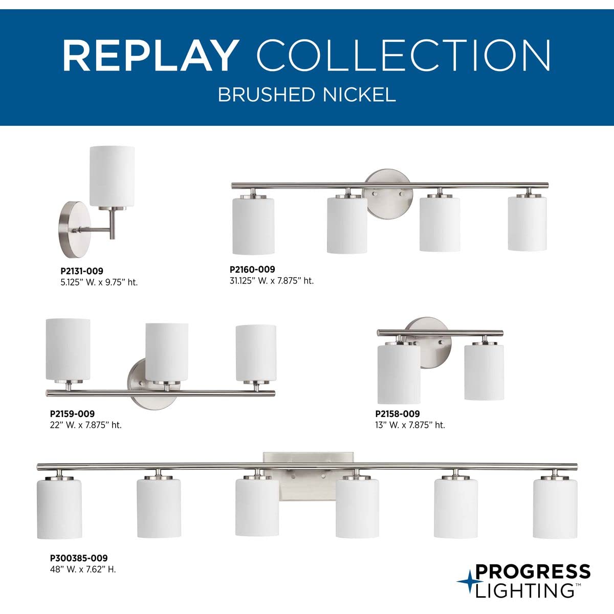 Progress Lighting Replay Collection 3-Light Bath Vanity Light Brushed Nickel Etched White Glass P2159-09